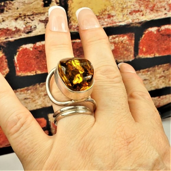 LARGE BALTIC AMBER 925 SILVER ADJUSTABLE RING, UNIQUE DESIGN, GIFT FOR WOMEN - Picture 3 of 16